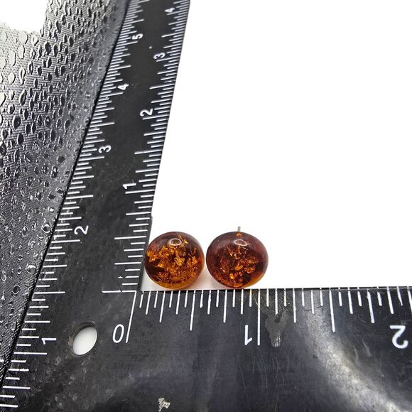 Small Round Amber Earrings Pierced Button Cabochon Design Silver Tone Setting - Picture 6 of 7